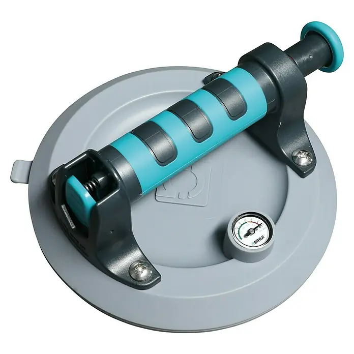 Bihui Saugheber SCVB8 - Tragkraft: 110 kg - Grauer Vakuumsauger mit hellblauem und dunkelgrauem Griff und Manometer.