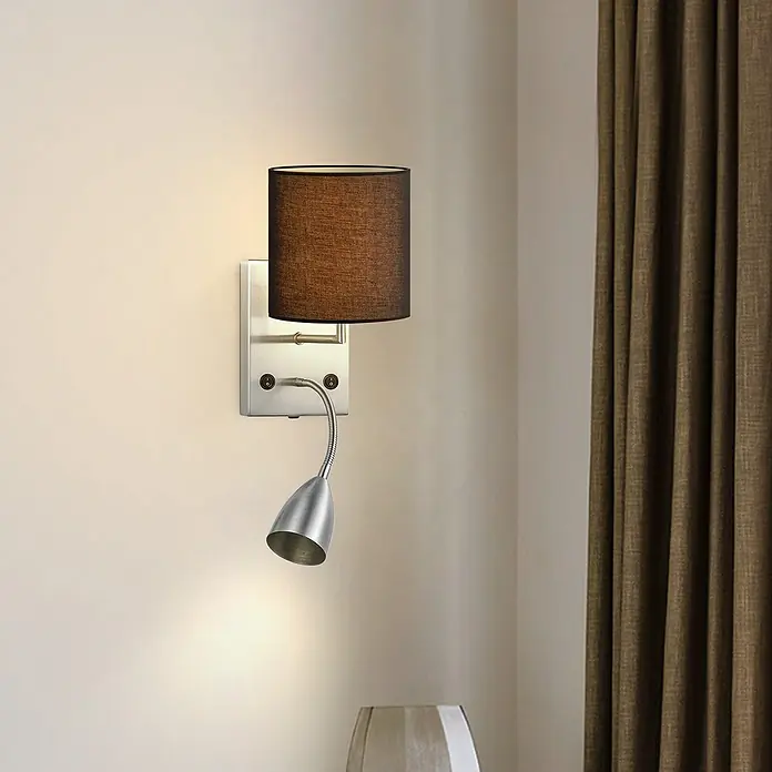 Home Sweet Home Wandleuchte Read - 40 W, L x B x H: 11 x 15 x 17 cm, Stahl matt, E27 - Wandleuchte mit Stoffschirm und flexiblem Lesearm, ideal für Schlafzimmer.