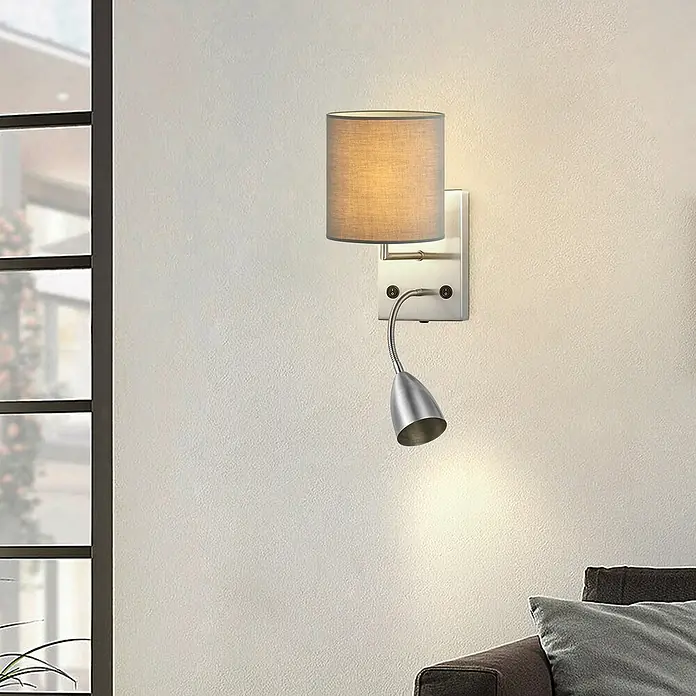 Home Sweet Home Wandleuchte Read - 40 W, L x B x H: 11 x 15 x 17 cm, Stahl matt, E27 - Wandleuchte mit Stoffschirm und flexiblem Lesearm in Silberoptik. Ideal als Nachttischlampe oder zur Akzentbeleuchtung im Wohnbereich.