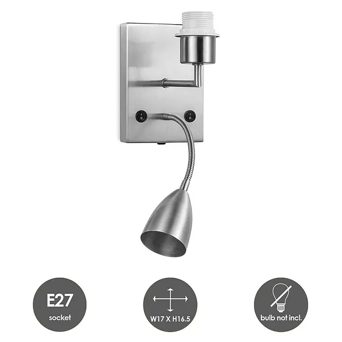 Home Sweet Home Wandleuchte Read - 40 W, L x B x H: 11 x 15 x 17 cm, Stahl matt, E27 - Wandleuchte aus gebürstetem Stahl mit verstellbarem Arm und E27 Fassung. Ideal als Leseleuchte, flexibel einstellbar, ohne Leuchtmittel.