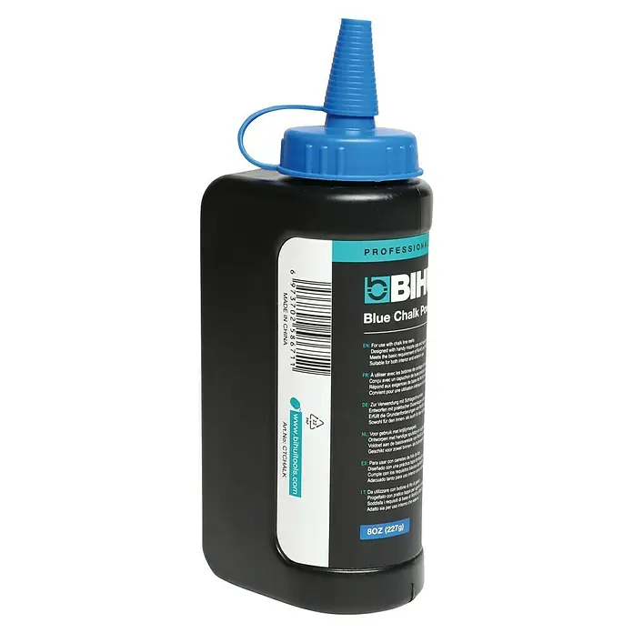 Bihui Schlagschnurpuder CTCAKK2 - Länge Schnur: 30 m - Schwarze Flasche mit blauem Kreidepulver und blauer Dosierkappe, für Schlagschnurroller.