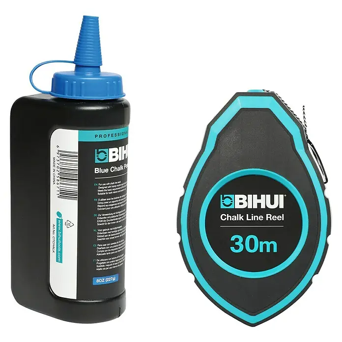 Bihui Schlagschnurpuder CTCAKK2 - Länge Schnur: 30 m - Schwarze Kreidepulverflasche mit blauem Deckel und schwarze/blaue 30m Kreideschnurrolle.