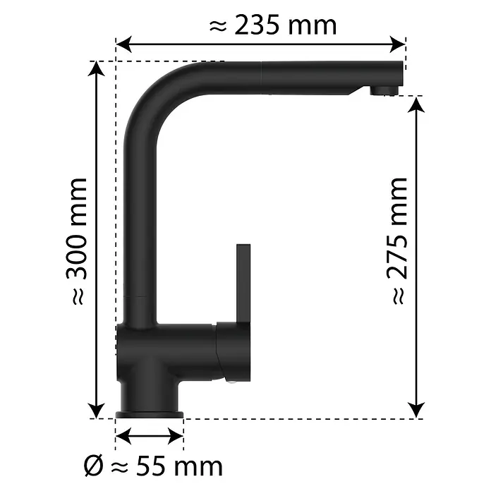 Camargue Spültischarmatur Adria - Schwarz, Matt - Diese Aufnahme zeigt eine moderne, mattschwarze Küchenarmatur mit schwenkbarem Auslauf, die eine elegante und funktionale Ergänzung für jede Küche darstellt.
