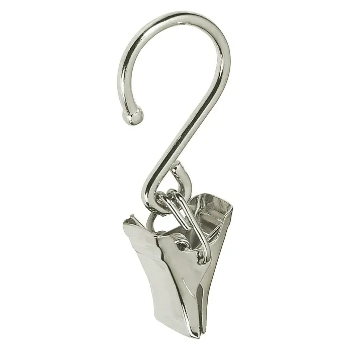 Expo Ambiente Seilklammer - Geeignet für: Seilspanngarnitur - Nahaufnahme eines Gardinenhaken-Clips aus Metall, ideal zum Aufhängen von Vorhängen und anderen Dekorationsgegenständen.