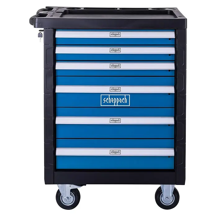Scheppach Carro portaherramientas TW1150 - L x An x Al: 760 x 460 x 965 mm, Número de cajones: 6 ud., 70 pzs. - Carro de herramientas rodante con múltiples cajones, equipado con ruedas y el logotipo de Scheppach en cada cajón.