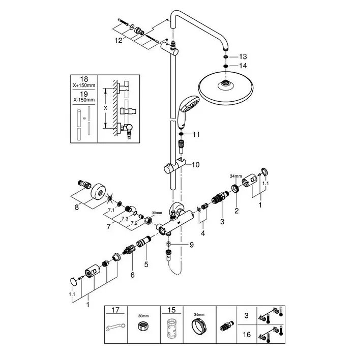 Grohe Vitalio Start Duschsystem 250 - Mit Thermostatarmatur, Lochabstand: 101,6 cm, Anzahl Strahlarten: 2 Stk., Chrom - Technische Explosionszeichnung eines kompletten Duschsystems mit Mischer, Kopfbrause und Handbrause, alle Komponenten und Montage.