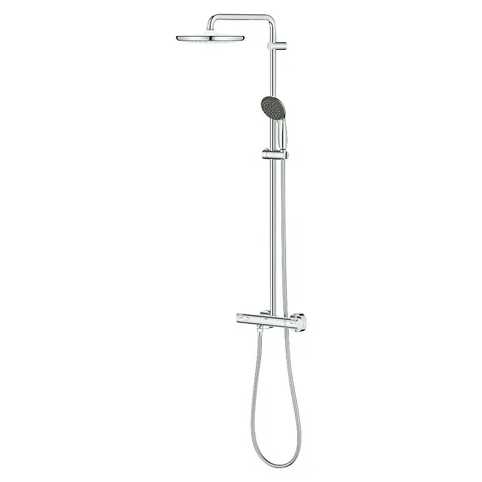 Grohe Vitalio Start Duschsystem 250 - Mit Thermostatarmatur, Lochabstand: 101,6 cm, Anzahl Strahlarten: 2 Stk., Chrom - Glänzendes Chrom-Thermostat-Duschsystem mit rundem Regenduschkopf und Handbrause.