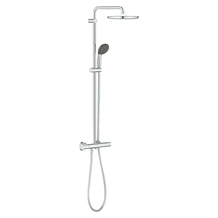 Grohe Vitalio Start Duschsystem 250 - Mit Thermostatarmatur, Lochabstand: 101,6 cm, Anzahl Strahlarten: 2 Stk., Chrom - Chromfarbenes Duschsystem mit rundem Regenduschkopf, Handbrause und Thermostatmischer.