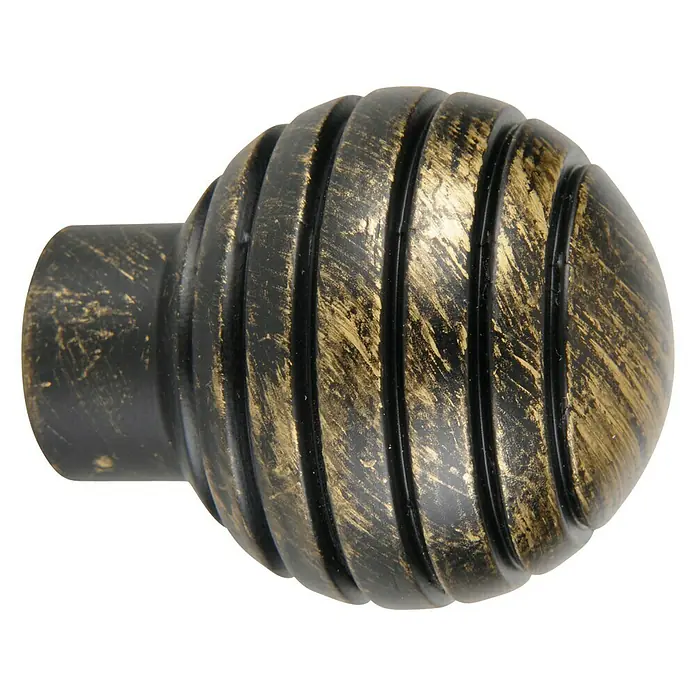 Tapa final Antique Esfera negro y oro - 2 ud. - Primer plano de un remate de barra de cortina de oro antiguo con un diseño acanalado.
