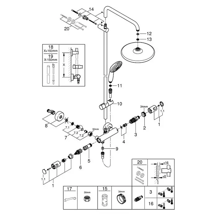 Grohe Vitalio Start Sistema de ducha - Altura: 101,6 cm, Con termóstato, Número de tipos de chorro: 2 ud., Cromo - Diagrama explosionado de un grifo de ducha que muestra la disposición de los componentes individuales y cómo encajan.