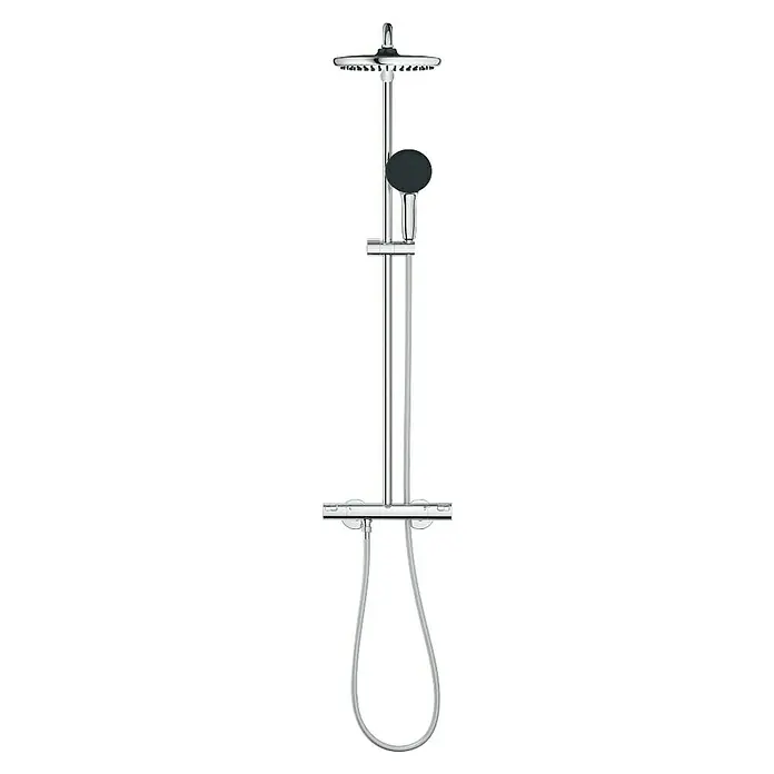 Grohe Vitalio Start Sistema de ducha - Altura: 101,6 cm, Con termóstato, Número de tipos de chorro: 2 ud., Cromo - Una columna de ducha cromada con ducha de cabeza y mano, así como un termostato. El sistema de ducha es moderno y elegante.