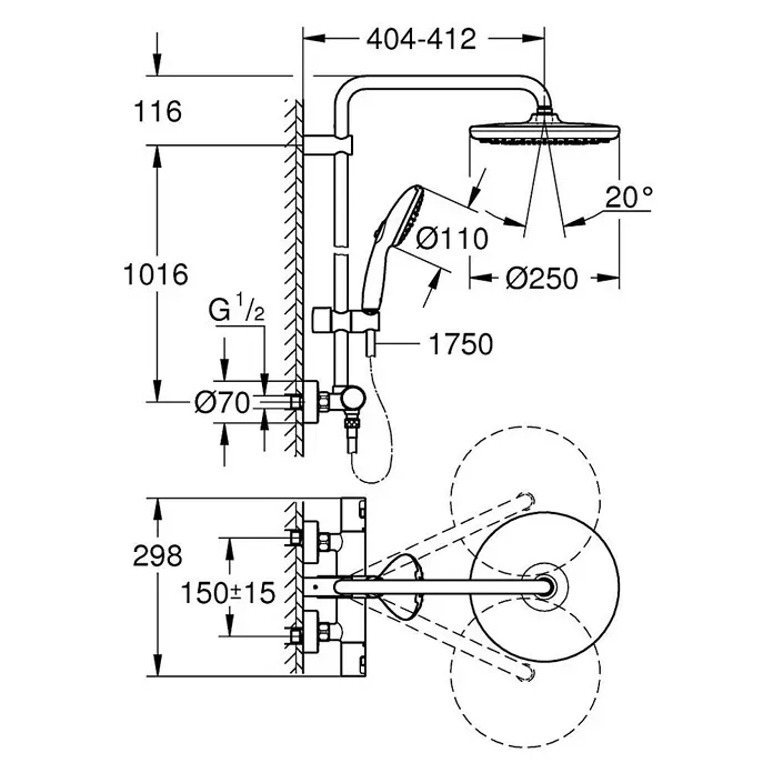 Grohe Vitalio Start Sistema de ducha - Altura: 101,6 cm, Con termóstato, Número de tipos de chorro: 2 ud., Cromo - Dibujo técnico del sistema de ducha Grohe, con ducha fija y de mano, dimensiones y detalles para la instalación.