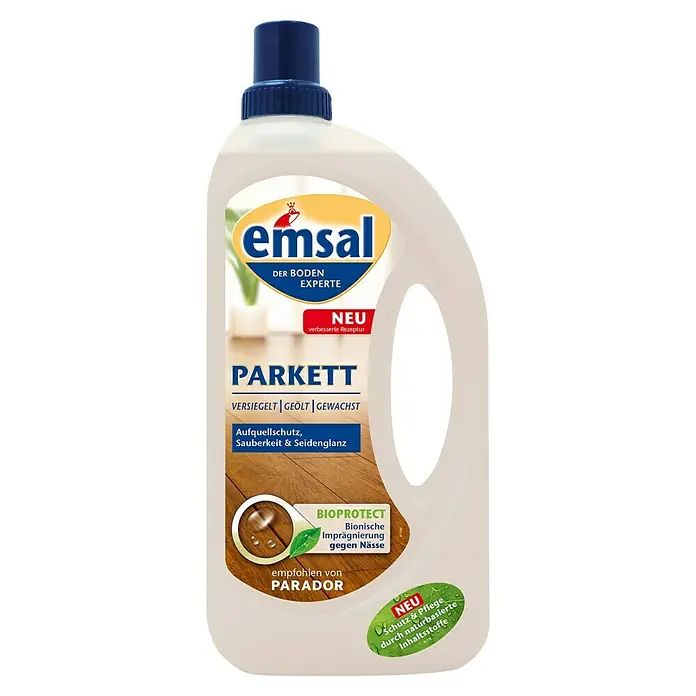 Emsal Parkettreiniger - 1 l, Flasche - Eine Flasche Emsal Parkettreiniger für versiegelte, geölte und gewachste Parkettböden, mit Feuchtigkeitsschutz und Glanz für saubere Ergebnisse.