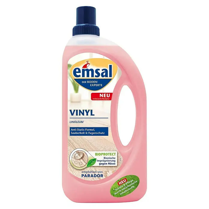 Emsal Bodenreiniger Vinyl und Linoleum - 1 l, Flasche - Emsal VINYL & LINOLEUM Reiniger, rosa Flasche mit blauem Deckel, für saubere Böden und Fugenschutz.