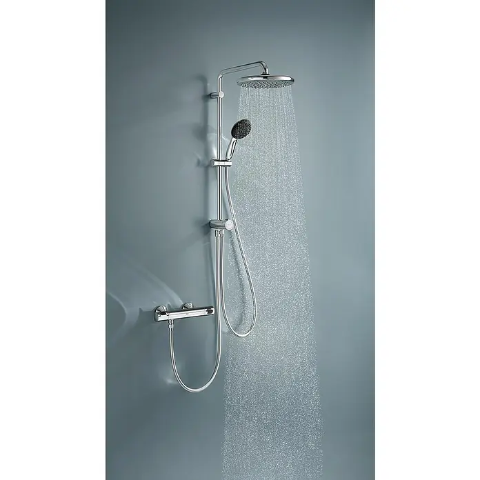 Grohe Brausegarnitur Vitalo Start 250 - Lochabstand: 62 cm, Art Strahl: Rain, SmartRain, Jet, Chrom - Verchromtes Duschsystem mit runder Kopf- und Handbrause, aktiv Wasser sprühend.