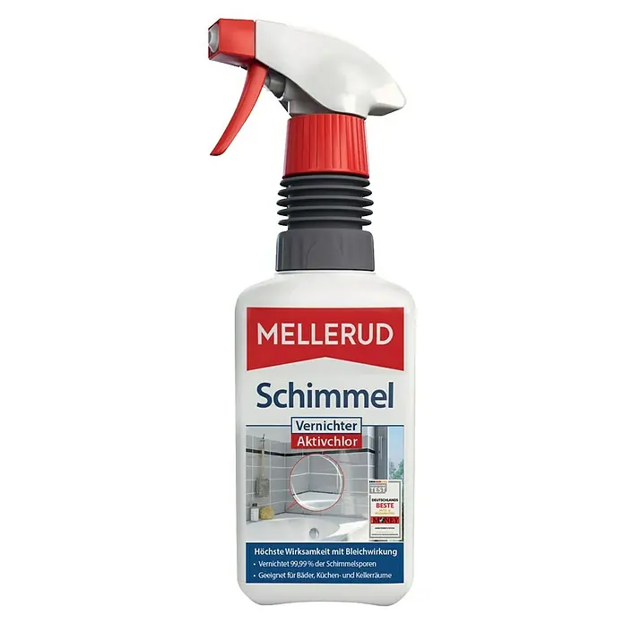 Mellerud Schimmelvernichter Chlorhaltig - 500 ml, Flasche mit Sprühpistole - Produktbild eines Mellerud Schimmel Vernichter Aktivchlor Sprays zur Reinigung und Desinfektion von Schimmel befallenen Flächen.