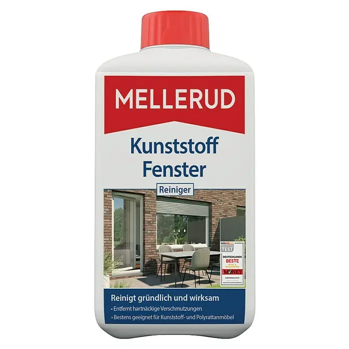 Mellerud Kunststoff-Fensterreiniger - 1 l, Flasche mit kindergesichertem Verschluss - Produktbild von Mellerud Kunststoff Fenster Reiniger. Der Reiniger entfernt hartnäckige Verschmutzungen und eignet sich für Kunststoff- und Polyrattanmöbel.