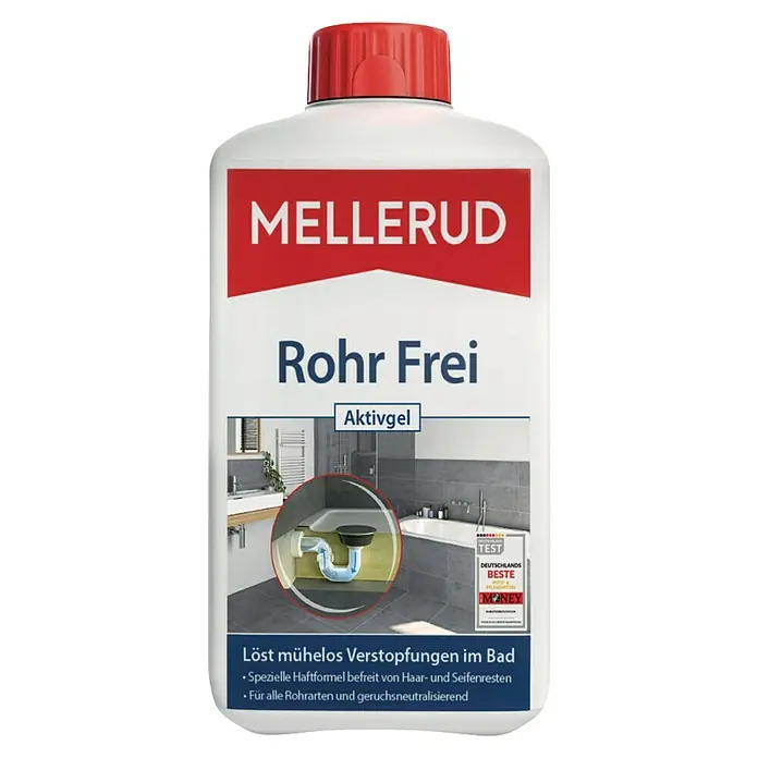 Mellerud Rohrreiniger Rohr Frei Aktivgel - 1 l, Flasche mit kindergesichertem Verschluss - Bild einer Flasche Mellerud Rohr Frei Aktivgel, ein Abflussreiniger für Badezimmer, der mühelos Verstopfungen löst.