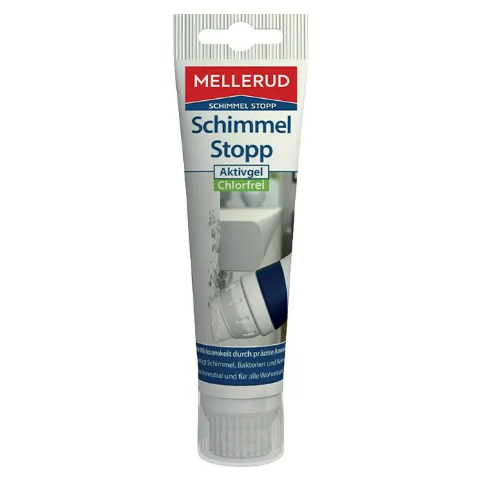 Mellerud Schimmel Stopp Schimmel-Entferner AktivgelChlorfrei, 90 ml, Tube - Bild einer Tube Mellerud Schimmel Stopp Aktivgel, einer chlorfreien Lösung gegen Schimmel, Bakterien und Keime, für alle Wohnräume geeignet.