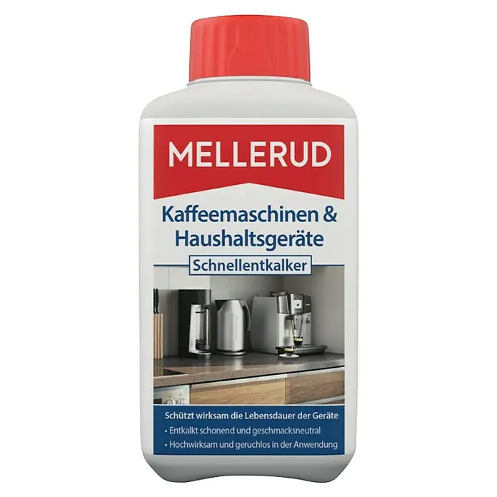 Mellerud Schnellentkalker Kaffeemaschinen & Haushaltsgeräte - 500 ml, Flasche mit kindergesichertem Verschluss - Flasche Mellerud Schnellentkalker für Kaffeemaschinen und Haushaltsgeräte. Schützt die Geräte, entkalkt schonend und ist hochwirksam.