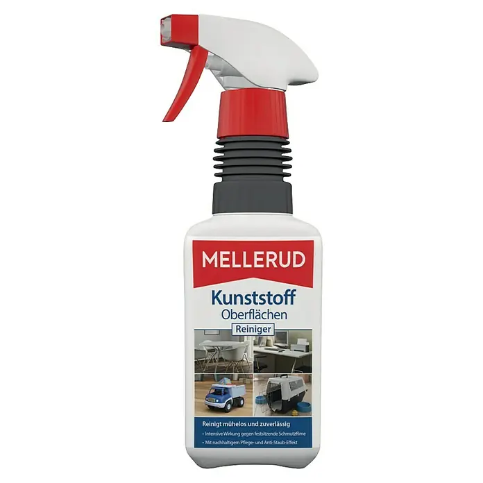 Mellerud Kunststoff-Oberflächenreiniger - 500 ml - Bild einer Sprühflasche MELLERUD Kunststoff Oberflächen Reiniger für Kunststoffoberflächen mit rotem Sprühkopf und Etikett.