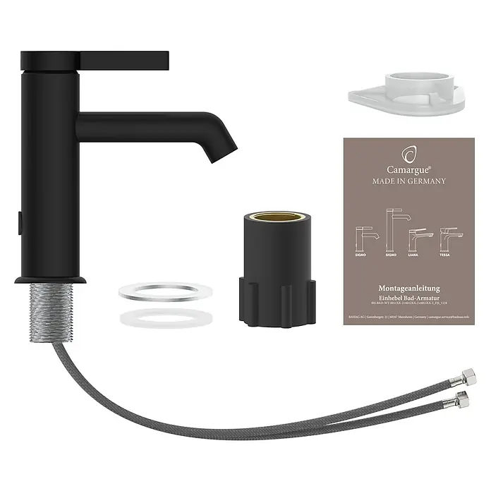 Camargue Waschtischarmatur Signo - Schwarz, Matt - Produktaufnahme einer schwarzen Camargue Armatur mit Zubehör und Montageanleitung, ideal für moderne Badezimmer.