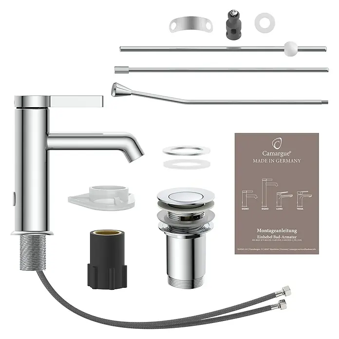 Camargue Waschtischarmatur Signo - Chrom, Glänzend - Produktansicht einer Armatur der Marke Camargue. Hochwertige Badarmatur im zerlegten Zustand mit Montageanleitung und Zubehör.