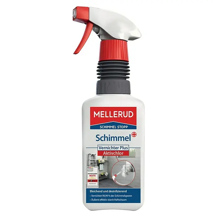 Mellerud Schimmel Stopp Schimmelvernichter Plus Aktivchlor - 500 ml, Flasche mit Sprühkopf - Weiße Mellerud Schimmel Stopp Sprühflasche mit rotem und grauem Sprühkopf, zur Schimmelentfernung.