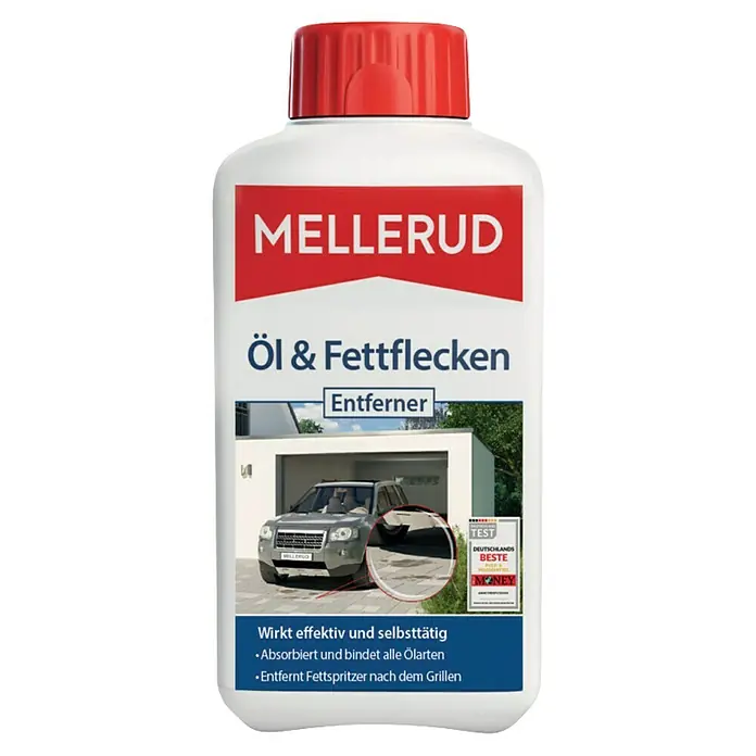 Mellerud Reinigungsmittel Öl & Fettflecken Entferner500 ml - Mellerud Öl- und Fettfleckenentferner in einer weißen Flasche mit roter Kappe. Wirkt effektiv gegen Öl- und Fettflecken im Außenbereich.
