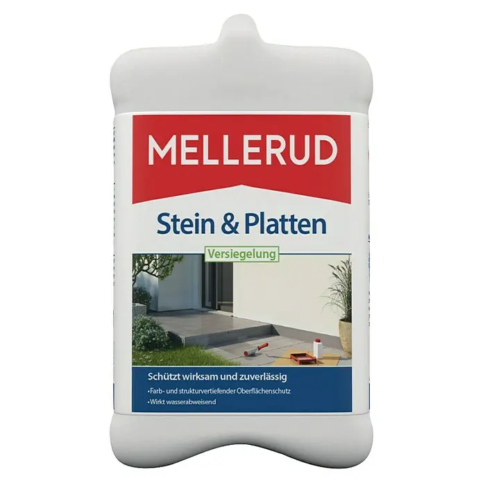 Mellerud Versiegelung Stein & Platten - 2,5 l, Kanister mit kindergesichertem Verschluss - Abbildung eines Mellerud Stein & Platten Versiegelungsprodukts. Es schützt Stein und Platten wirksam und zuverlässig vor Witterungseinflüssen.