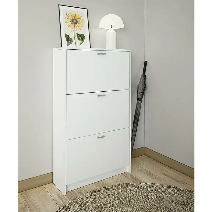 Meka Block Zapatero K-30 - L x An x Al: 25 x 70 x 120 cm, Blanco, Número de compartimentos: 3 ud. - Elegante zapatero blanco con tres compartimentos, ideal para guardar zapatos en el recibidor. Elementos decorativos en la parte superior.