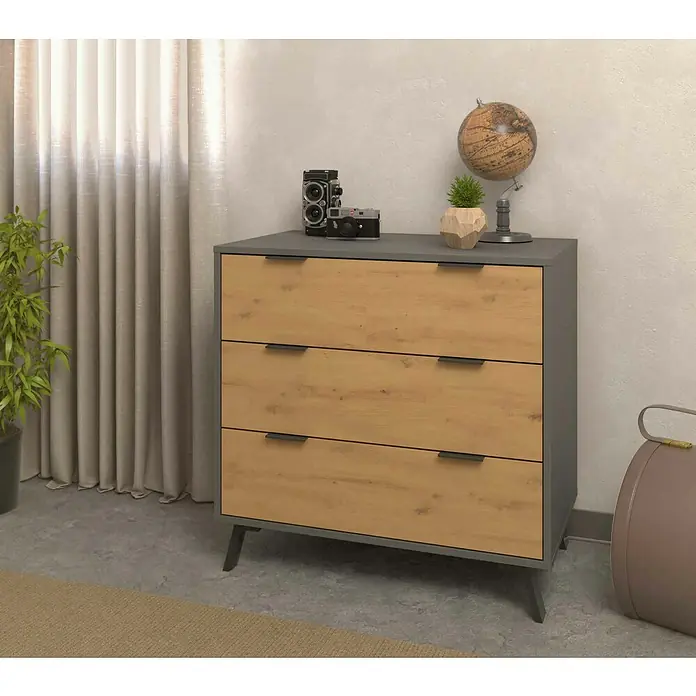 Meka Block Cómoda K-629 - L x An x Al: 48 x 80 x 78,2 cm, Gris París/Roble Albar, Número de cajones: 3 ud. - Atractiva cómoda con tres cajones con aspecto de madera y diseño elegante para un espacio habitable moderno. Perfecta para dormitorio o sala de estar.