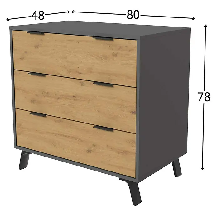 Meka Block Cómoda K-629 - L x An x Al: 48 x 80 x 78,2 cm, Gris París/Roble Albar, Número de cajones: 3 ud. - Cómoda con tres cajones en gris y aspecto de madera, con dimensiones de altura, anchura y profundidad mostradas.