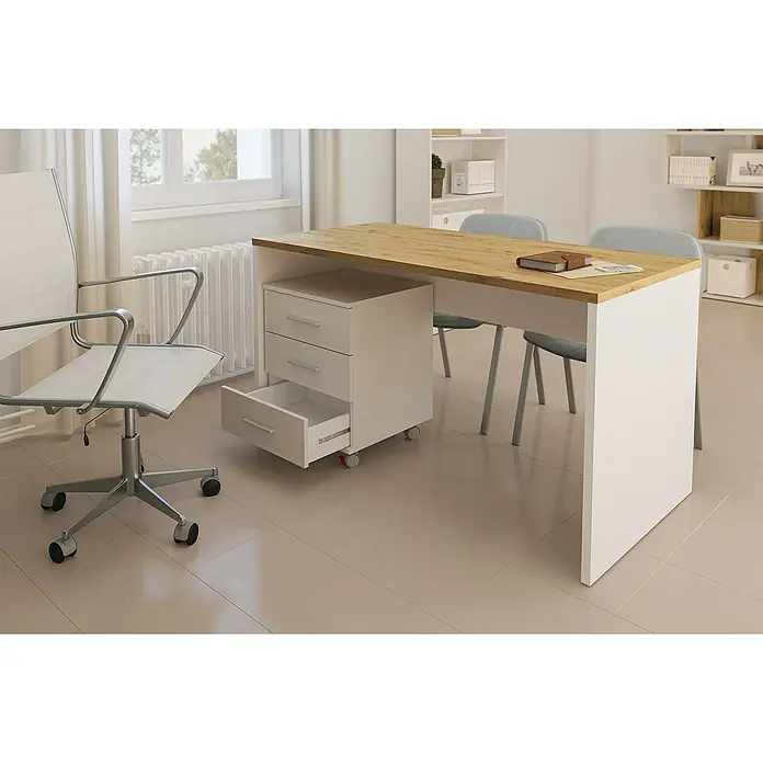 Meka Block Mesa de escritorio K-695 - L x An x Al: 67,2 x 138,5 x 75 cm, Roble Albar/Blanco - Un escritorio moderno con una superficie de madera clara y una unidad de cajones blanca con ruedas, ideal para la oficina en casa.