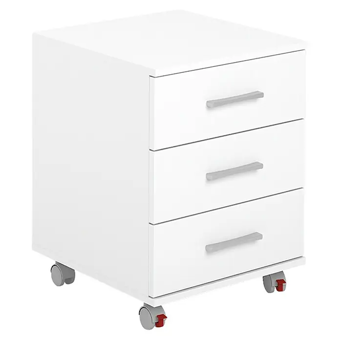 Meka Block Mesa de escritorio K-695 con cajonera K-906 - Roble Albar/Blanco, 2 pzs. - Archivador blanco con ruedas de tres cajones y tiradores plateados para oficina o estudio. Práctico y móvil.