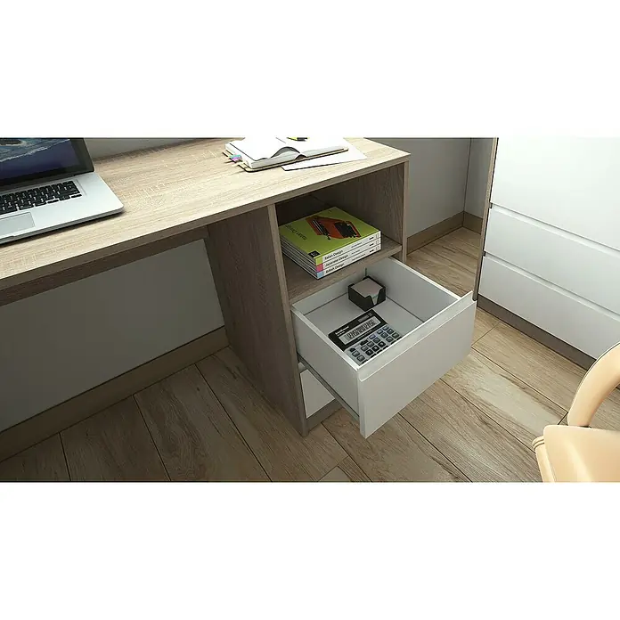 Meka Block Mesa de escritorio K-508 - L x An x Al: 50 x 120 x 75 cm, Roble Cambrian/Blanco - El escritorio moderno de madera con cajón ofrece un práctico espacio de almacenamiento para una calculadora y notas en la oficina en casa.