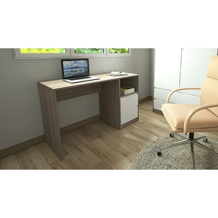 Meka Block Mesa de escritorio K-508 - L x An x Al: 50 x 120 x 75 cm, Roble Cambrian/Blanco - Elegante oficina en casa con un escritorio de imitación madera, portátil y silla giratoria para un espacio moderno.
