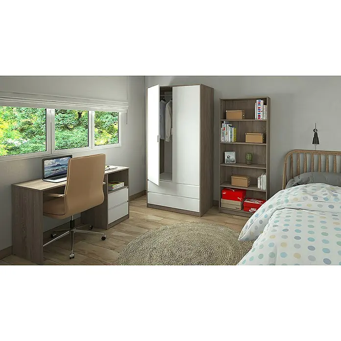 Meka Block Mesa de escritorio K-508 - L x An x Al: 50 x 120 x 75 cm, Roble Cambrian/Blanco - Dormitorio con armario, estantería, escritorio con portátil, silla, cama y alfombra sobre suelo de parqué.