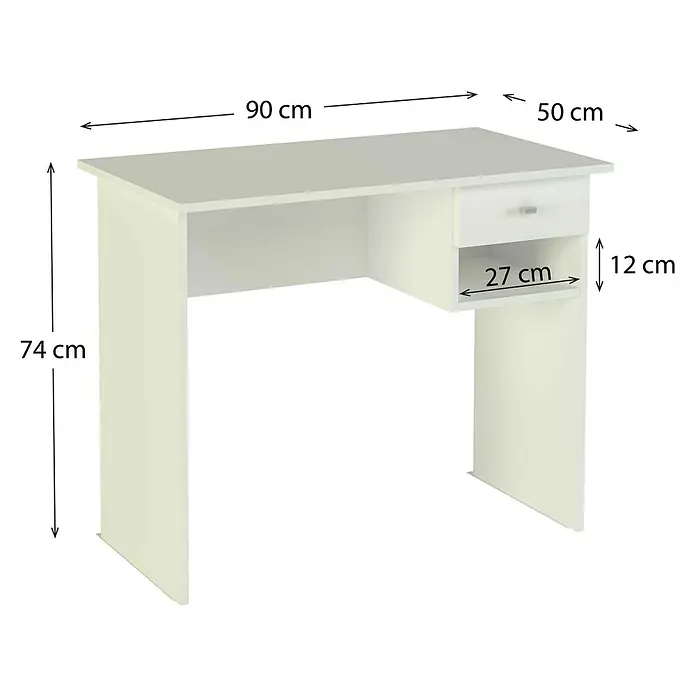 Meka Block Mesa de escritorio K-9453 - L x An x Al: 50 x 90 x 74 cm, Blanco - Imagen de un escritorio blanco con cajón, dimensionado con un ancho de 90cm, una profundidad de 50cm y una altura de 74cm.