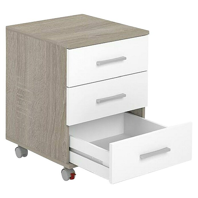Meka Block Cajonera con ruedas K-906 (L x An x Al: 44 x 45,5 x 58 cm, Roble Cortez/Blanco, Número de cajones: 3 ud.) | BAUHAUS
