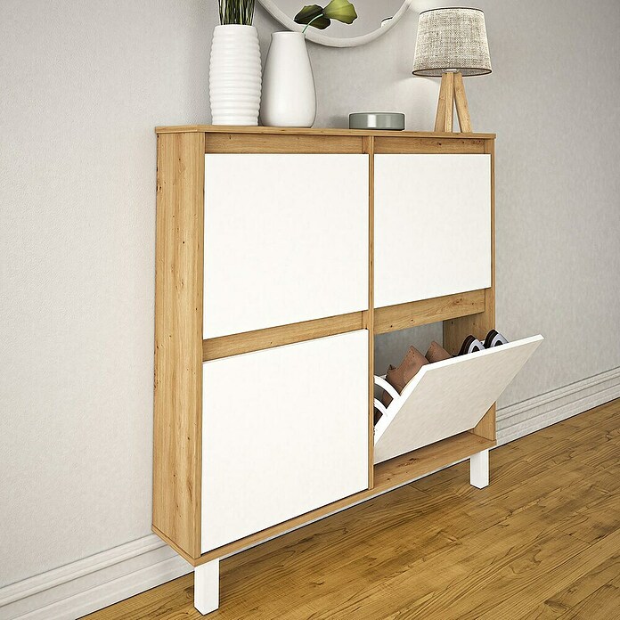 Meka Block Zapatero K-304 (L x An x Al: 20 x 110 x 110 cm, Roble Albar/Blanco Poro, Número de compartimentos: 4 ud.) | BAUHAUS