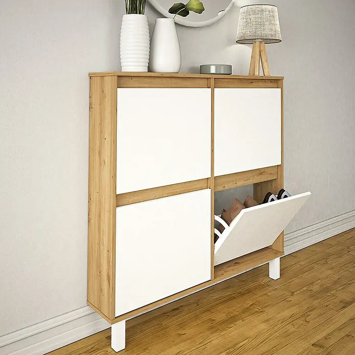 Meka Block Zapatero K-304 - L x An x Al: 20 x 110 x 110 cm, Roble Albar/Blanco Poro, Número de compartimentos: 4 ud. - Un moderno zapatero con aspecto de madera, frentes blancos y compartimentos abatibles proporciona un almacenamiento elegante para zapatos en el pasillo o la entrada.