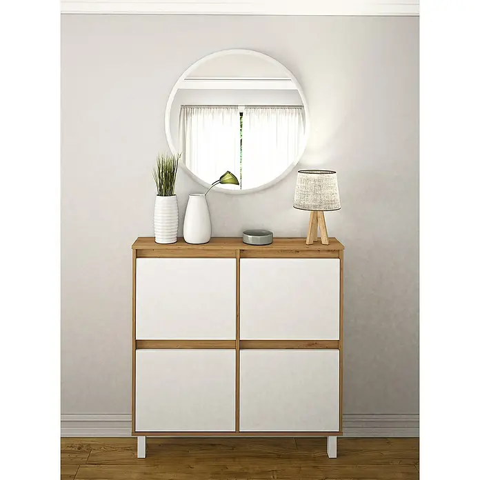 Meka Block Zapatero K-304 - L x An x Al: 20 x 110 x 110 cm, Roble Albar/Blanco Poro, Número de compartimentos: 4 ud. - Elegante zapatero con espejo y elementos decorativos para una entrada acogedora.