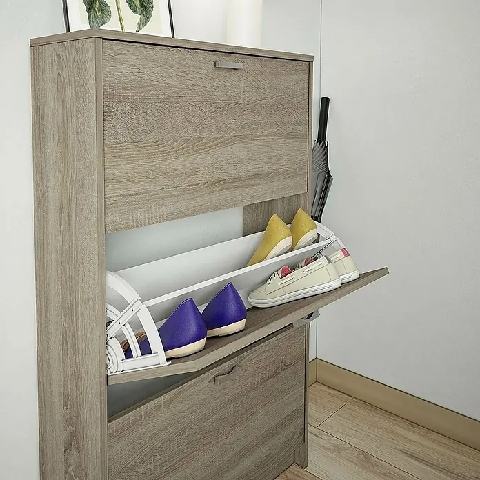 Meka Block Zapatero K-30 - L x An x Al: 25 x 70 x 120 cm, Roble Cortez, Número de compartimentos: 3 ud. - Un moderno mueble zapatero de madera con dos compartimentos abatibles y un cajón para guardar los zapatos de forma ordenada.