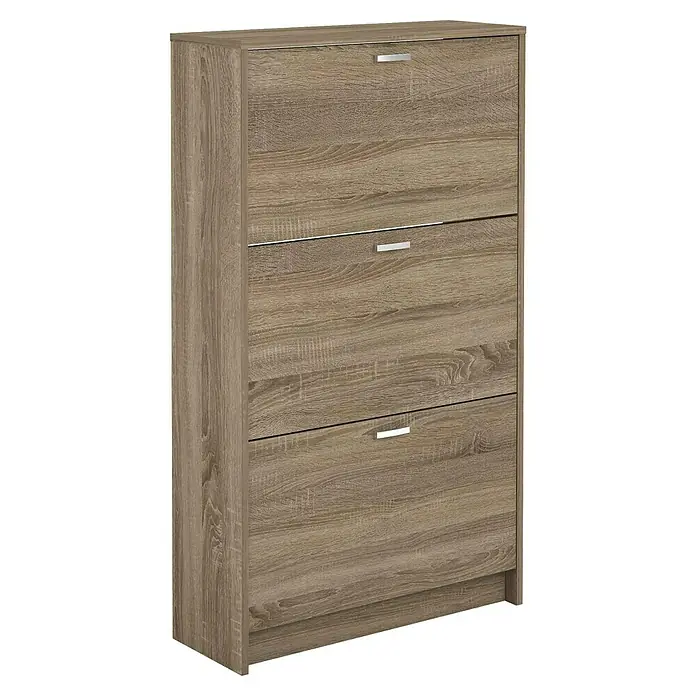 Meka Block Zapatero K-30 - L x An x Al: 25 x 70 x 120 cm, Roble Cortez, Número de compartimentos: 3 ud. - Zapatero color madera con tres compartimentos abatibles y tiradores plateados, perfecto para mantener ordenados los zapatos en el recibidor.