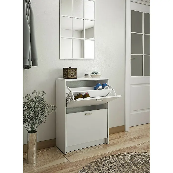 Meka Block Zapatero K-30 - L x An x Al: 25 x 60 x 81,6 cm, Blanco, Número de compartimentos: 2 ud. - Elegante diseño de zapatero. El mueble blanco cuenta con compartimentos abatibles y un cajón, ofreciendo un elegante almacenamiento.