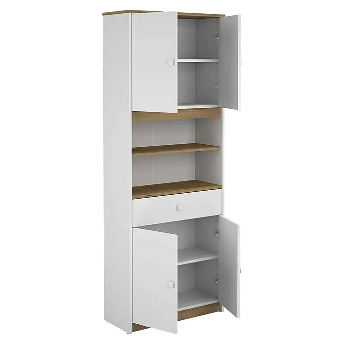 Meka Block Aparador buffet K-1100 - L x An x Al: 29,2 x 67,2 x 180 cm, Blanco/Roble Albar - Un armario alto blanco con detalles de madera, estantes abiertos, un cajón y compartimentos de armario con puertas abiertas.