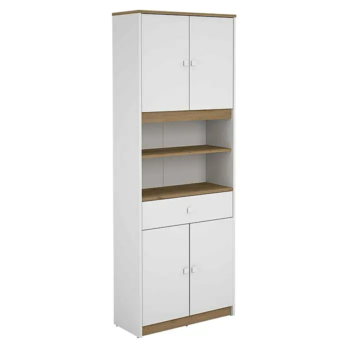 Meka Block Aparador buffet K-1100 - L x An x Al: 29,2 x 67,2 x 180 cm, Blanco/Roble Albar - Imagen de un armario de almacenamiento alto y blanco con estantes y base de madera, que combina funcionalidad con diseño moderno para cualquier habitación.