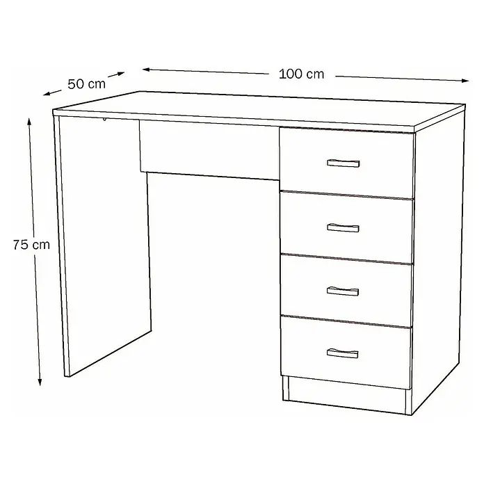 Meka Block Mesa de escritorio K-248 - L x An x Al: 50 x 100 x 75 cm, Blanco - Imagen de un escritorio minimalista con cajones, ideal para oficina o estudio, con medidas incluidas.
