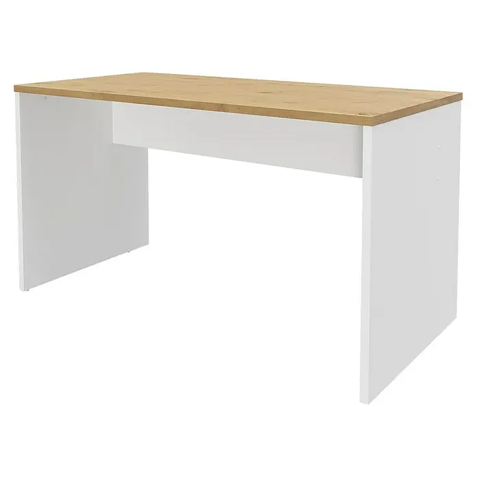 Meka Block Mesa de escritorio K-695 - L x An x Al: 67,2 x 138,5 x 75 cm, Roble Albar/Blanco - Un escritorio moderno con una superficie de madera clara y paneles laterales blancos, diseñado para la funcionalidad y el estilo. Perfecto para el hogar o la oficina.